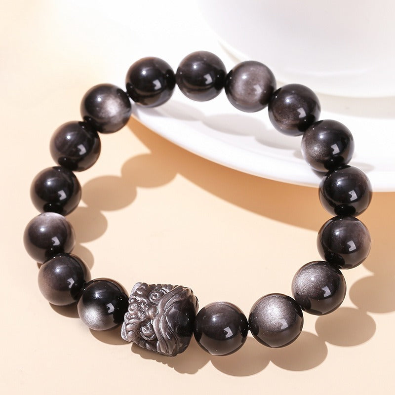 Obsidian Stone Woken Lion Bracelet Grade 7A02