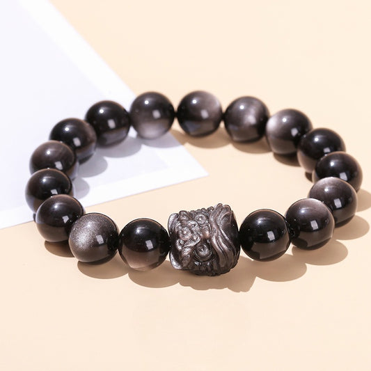 Obsidian Stone Woken Lion Bracelet Grade 7A01